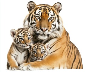 Fototapeta premium Tiger and her cubs standing in front with a white background