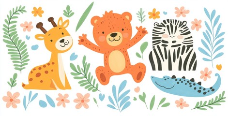 A collection of vibrant wild baby animals clipart with wildlife illustrations. Perfect for safari-themed and pet designs for kids, offering a modern cartoon bundle