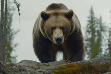 Obraz premium Brown bear - a close encounter with a wild brown bear feeding in the forest and mountains of the Notranjska region in Slovenia