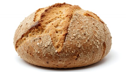 Golden Crusty Round Loaf of Bread, Isolated Against White Background. Freshly Baked Artisan Bread, Delicious Homemade Wheat Bread, Rustic Bakery Bread, Hearty and Wholesome Food Photography