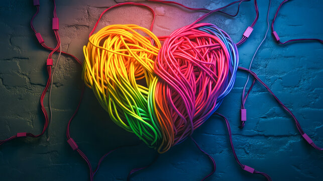 Colorful heart of tangled cables on textured wall