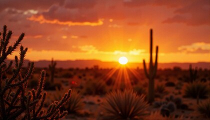 Desert sunset view with silhouettes of flora, nature's beauty