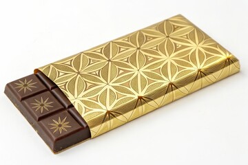 Luxurious gold wrapped chocolate bar with ornate pattern design