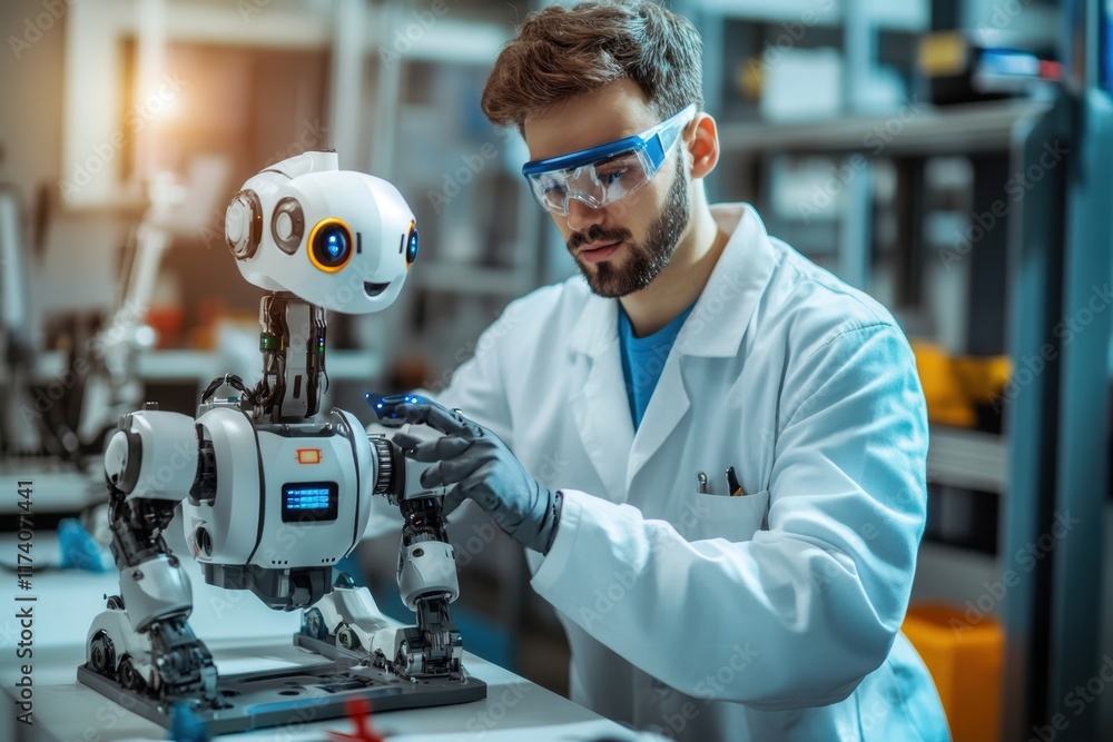 Poster scientist conducts experiment with small humanoid robot in laboratory setting