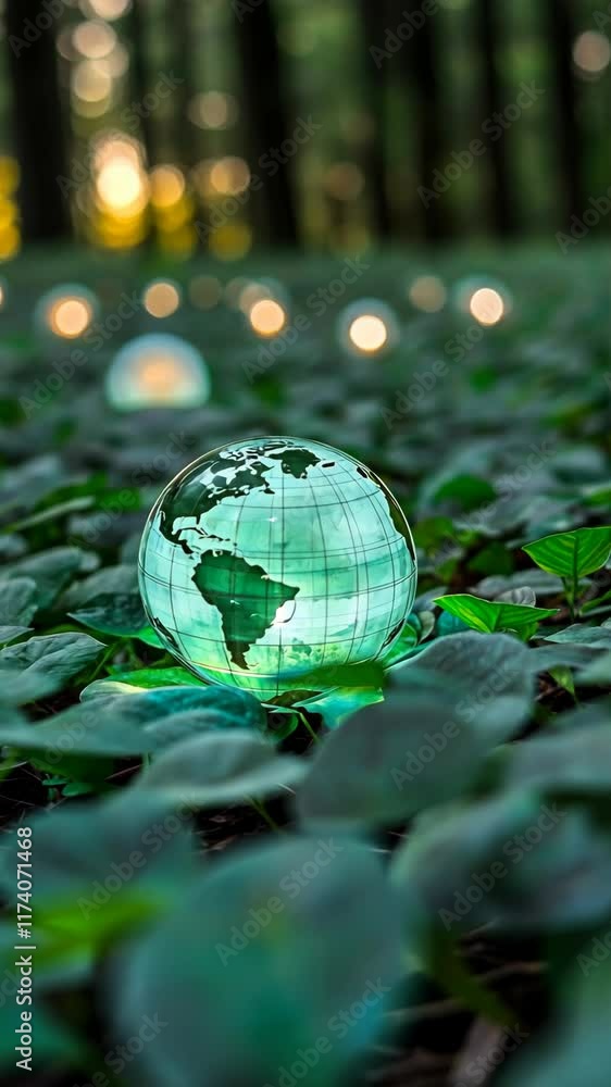 Poster green globe surrounded by foliage and soft lights in a serene forest setting during twilight