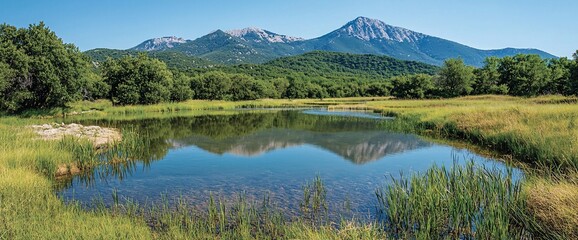 Fototapeta premium Serene mountain lake reflecting majestic peaks under a clear sky.
