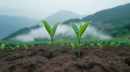 Young Tea Leaves on Mountain Rows Shrouded in Mist