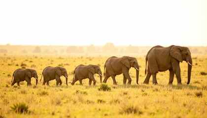 Fototapeta premium Family of elephants walking in line through savanna, natural harmony
