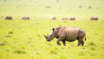 Fototapeta premium Lone rhinoceros walking through grassy field, symbol of solitude