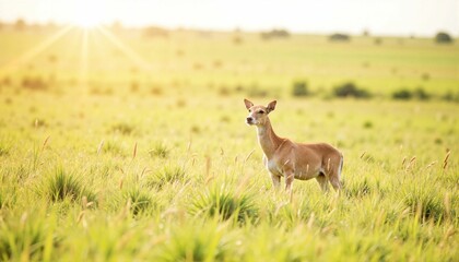 Naklejka premium Graceful deer standing in sunlit grassland, natural beauty