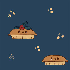 Seamless pattern of Christmas pies on navy background with golden elements. Cute characters. Hand drawn.

