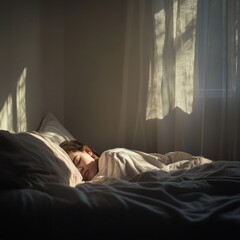 A serene scene of a person peacefully sleeping in a softly lit bedroom.