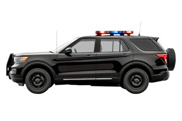 Black police SUV with red and blue lights on the roof and protective bumper guard. Modern law enforcement vehicle, isolated on a transparent background.
