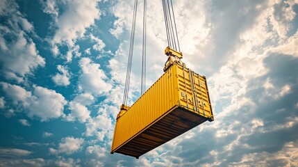 Fototapeta premium Yellow Cargo Container Lifted by Crane Against Cloudy Blue Sky, Shipping and Logistics Concept