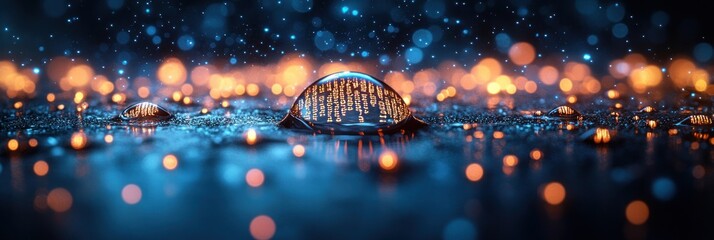 Blue Digital Water Drop with Binary Code for AI in Water Resource Management and Environmental Monitoring