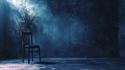 Moody empty room with wooden chair and floral decor in dim lighting