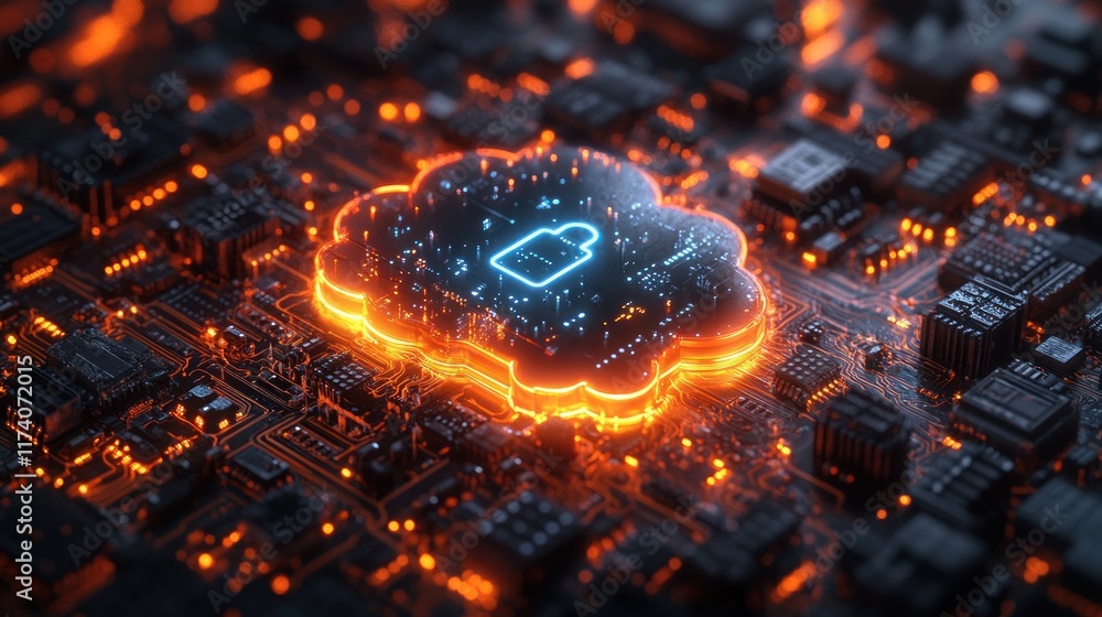Poster cloud security services illustration with cyberpunk style and neon lights for data protection and cy