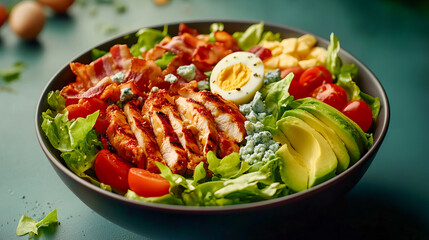 Delicious cobb salad with grilled chicken, bacon, and avocado