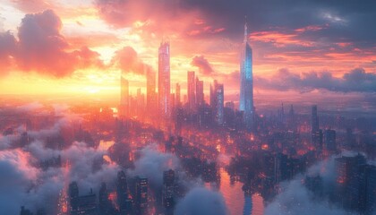 Fototapeta premium Futuristic City Skyline in Watercolor Pastel Style with Towering Glass Buildings and Warm Sunset Reflections