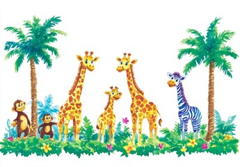 Watercolor composition featuring African animals and natural elements. Giraffes, monkeys, zebras, palm trees, and flowers. Wild creatures of the safari. Jungle, tropical illustration for nursery