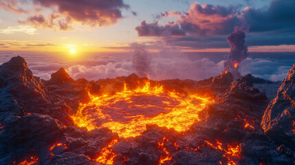 Stunning sunset over volcanic landscape with molten lava flow and dramatic clouds