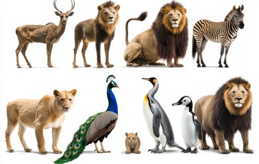 A collection of diverse Asian wild animals comprising birds, mammals, reptiles, and insects