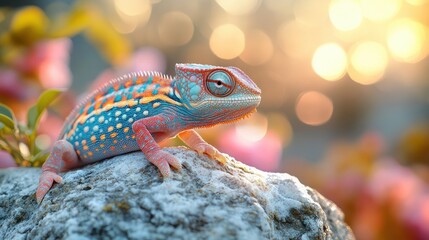 Colorful Chameleon Resting on Rock Realistic Illustration