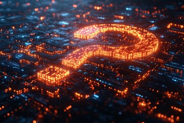 Futuristic 3D Glowing Question Mark with Binary Code in Digital Landscape and AI-Enhanced Knowledge Assistance