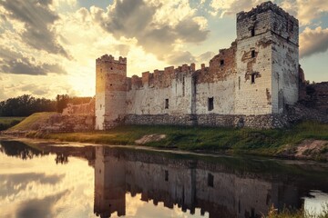 Historical castle ruins by the river at sunrise with reflection on the water