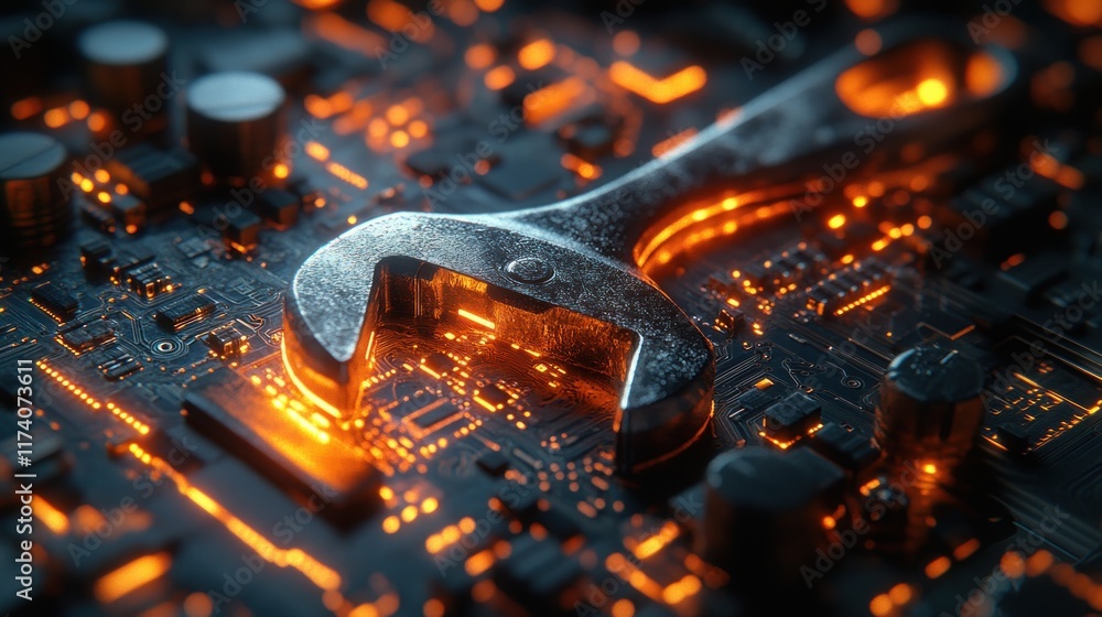 Poster futuristic digital wrench spanner with glowing blue binary code for AI predictive maintenance and remote repair assistance