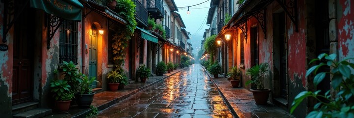 Fototapeta premium Rain-soaked cobblestone street in a neglected neighborhood, grey concrete, broken windows, rainy streets