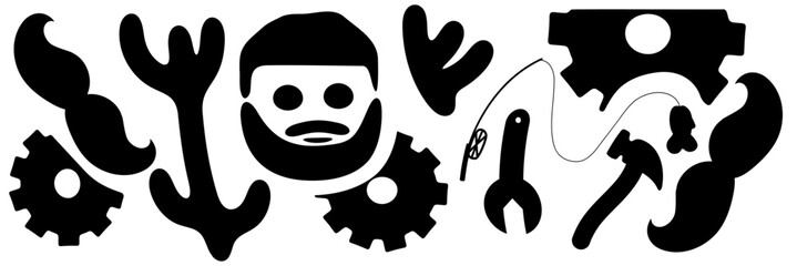 Silhouette tools and shapes in a flat style. Vector illustration of gears, tools, and abstract elements for mechanics, DIY, and repair concepts. Black icons on a white background.