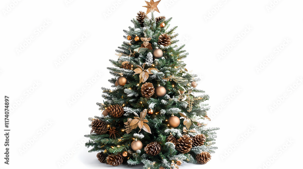 Wall mural A christmas tree with natural pinecones and subtle decorations, rustic and earthy style, isolated on white background. Earthbound. Illustration