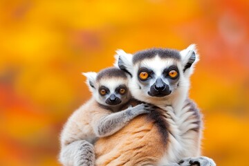 Obraz premium A mother ring-tailed lemur (Lemur catta) carrying her baby sitting on a stone at Andringitra National Park in Madagascar, an endangered and endemic wildlife species