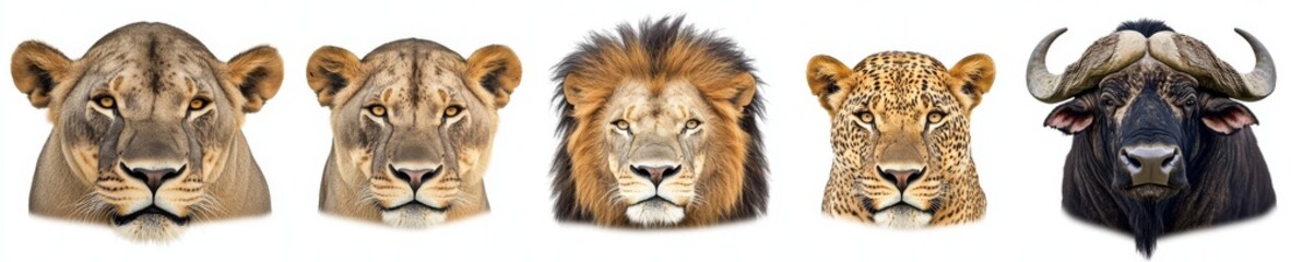 Fototapeta premium Big five collection, African animal bundle featuring portraits of a lion, elephant, African buffalo, rhinoceros, and leopard, isolated on a white background as a transparent PNG