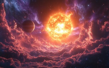 Obraz premium Cosmic Solar System Illustration Featuring Sun Planets Deep Space Nebula Comets Asteroids Spaceships and Astronauts