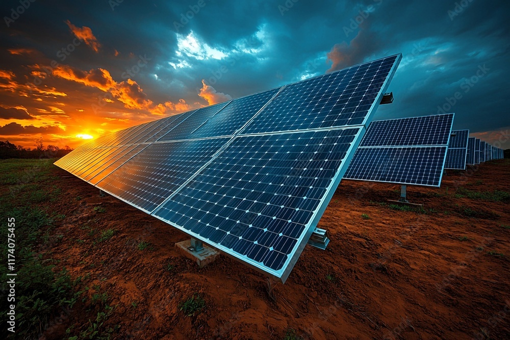 Poster solar panels line a field as the sun sets, creating a vibrant display of colors in the sky. generati