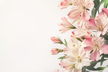 Pink and white alstroemeria flowers on white background.