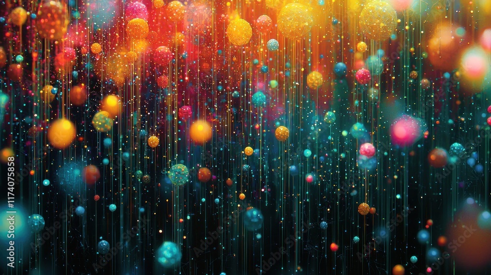 Poster digital matrix of floating data particles - futuristic 2d flat illustration with tech vibe