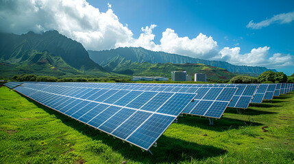 Solar panels in lush green landscape with mountain range under blue sky