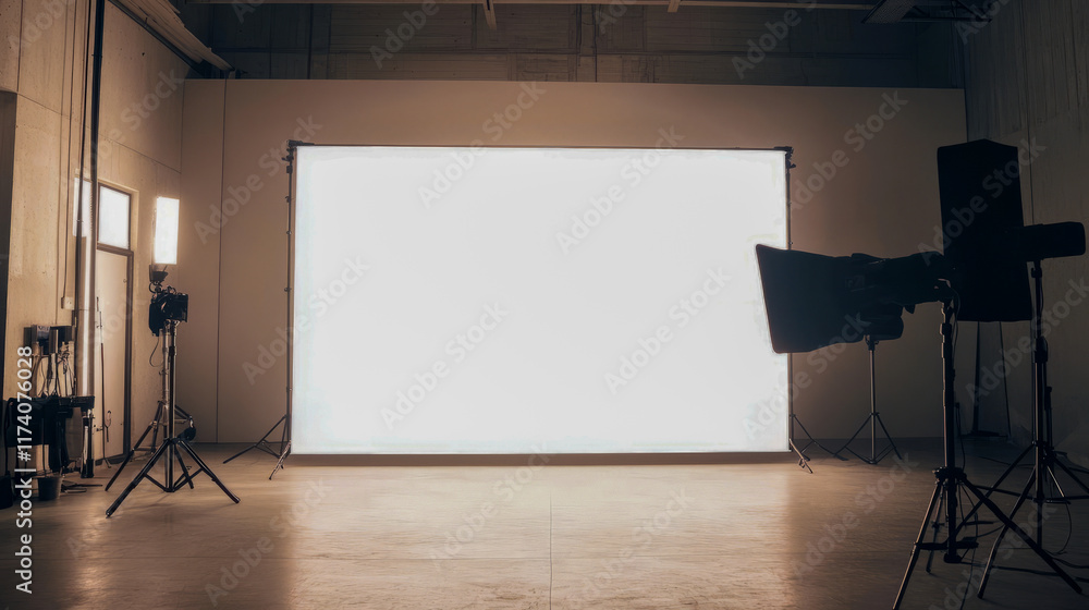 Poster studio lighting setup in professional photography studio with softbox and tripod stands
