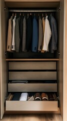 A neatly organized wardrobe with suits and folded clothes.