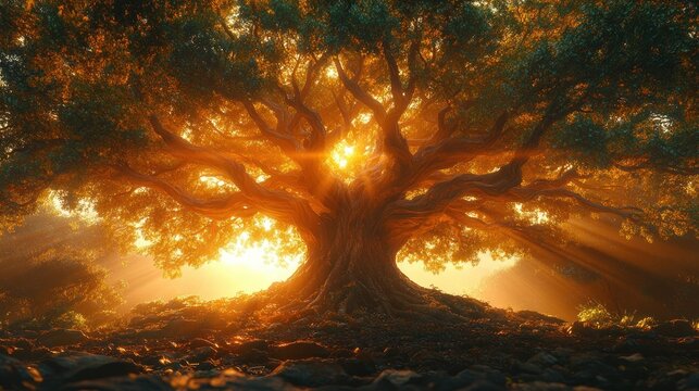 Majestic Banyan Tree Towering Over Gardens in Sunlight - Powered by Adobe