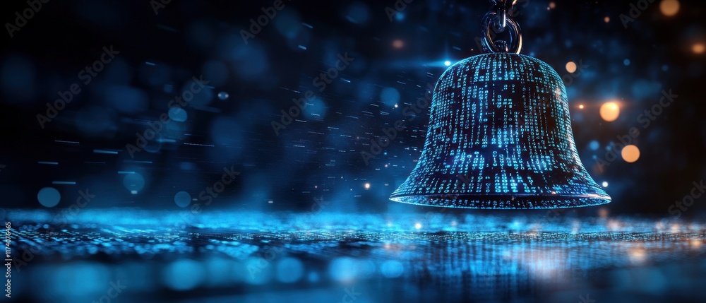 Aufkleber Digital Blue Bell Icon with Binary Code for Notifications, Event Scheduling, AI Communication, User Engagement, Productivity, High-Tech Interfaces, and Automation