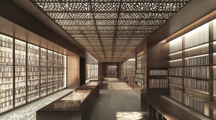 Serene library corridor, Asian design, bookshelves, display cases, sunlit