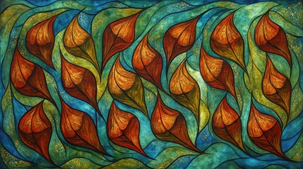 Abstract Floral Design Teal, Gold, and Orange Hues