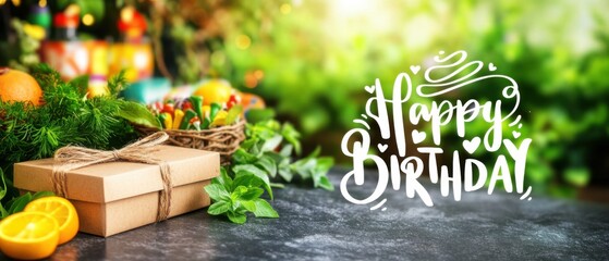 Happy Birthday Gift with Oranges and Greenery on Dark Table