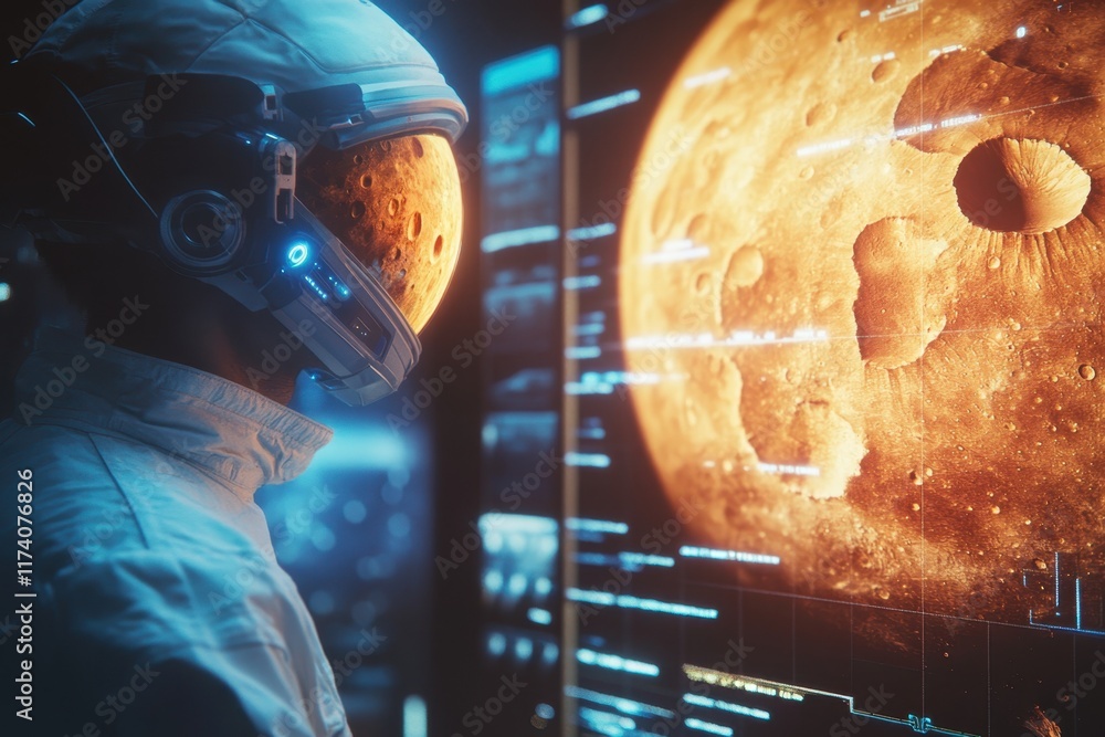 Poster astronaut examining mars through advanced technology in a futuristic setting
