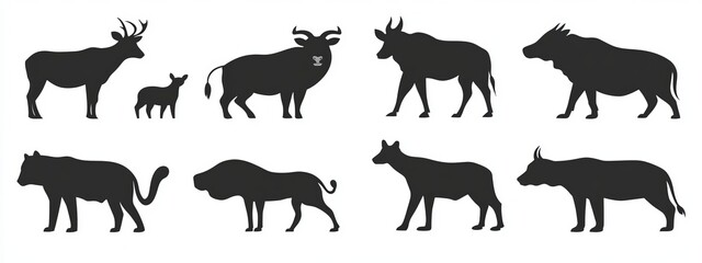 animals silhouette set. Big mammals collection. Livestock and poultry icons. Rural landscape. Group of forest or wild animals. Sea animals and birds