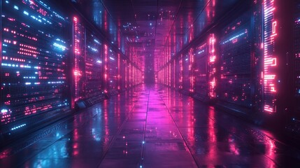 Obraz premium Futuristic Data Center Technology Concept Female Chief Officer Activating Servers Digital Transformation
